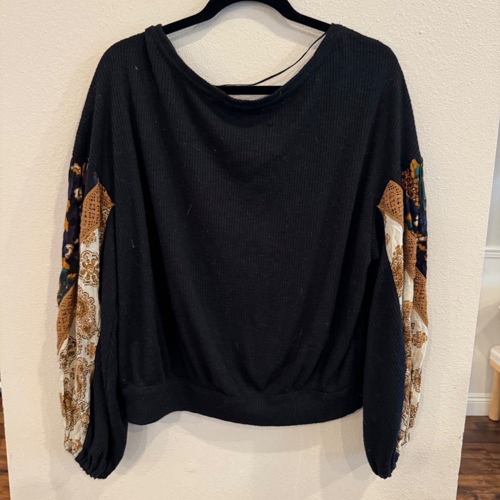 Free People Black Mixed Fabric Long Sleeve Top M